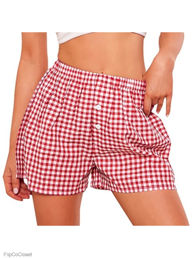 100% Cotton Plaid Striped Pajama Shorts, Boxer Lounge Sleep Shorts With Pockets